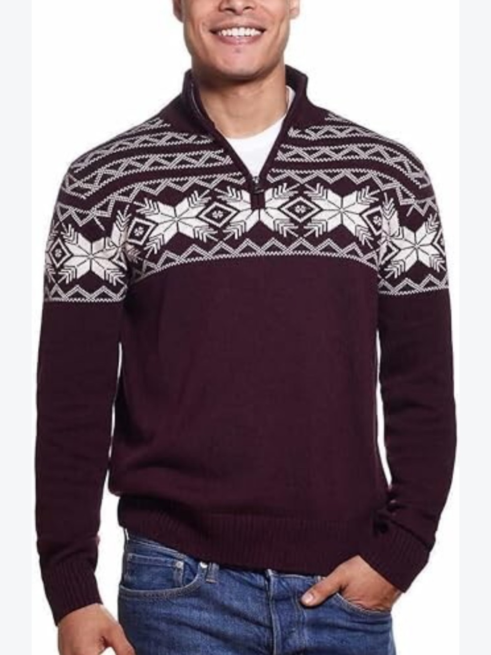 Weatherproof Men’s Burgundy Zip-Up Nordic Knit Sweater